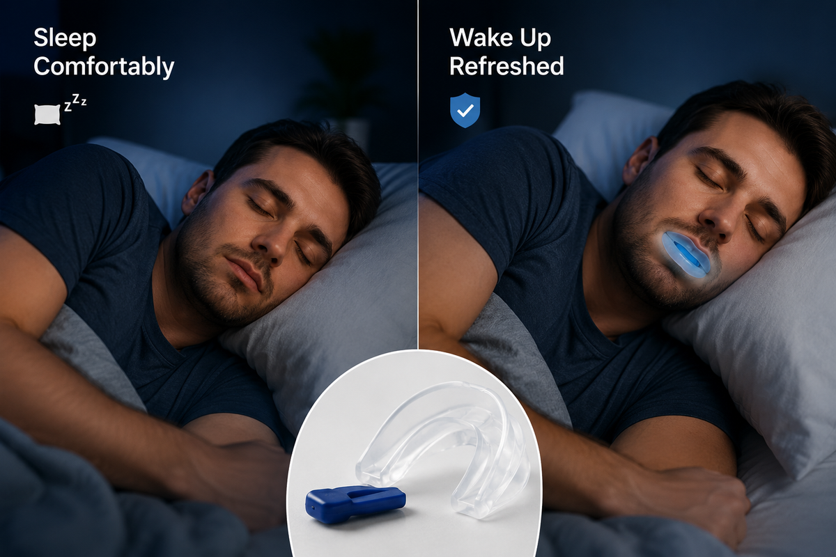A split-screen lifestyle image showing a man sleeping comfortably on the left and sleeping with a blue mouthpiece device on his mouth on the right, with text reading 'Sleep Comfortably' and 'Wake Up Refreshed.' A circular inset at the bottom shows the clear sleep mask and blue mouthpiece device.