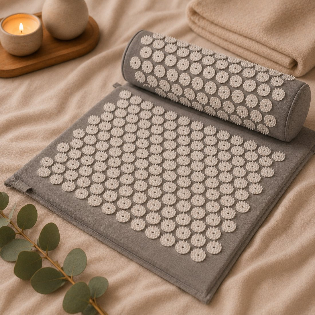 Grey acupressure mat and bolster set