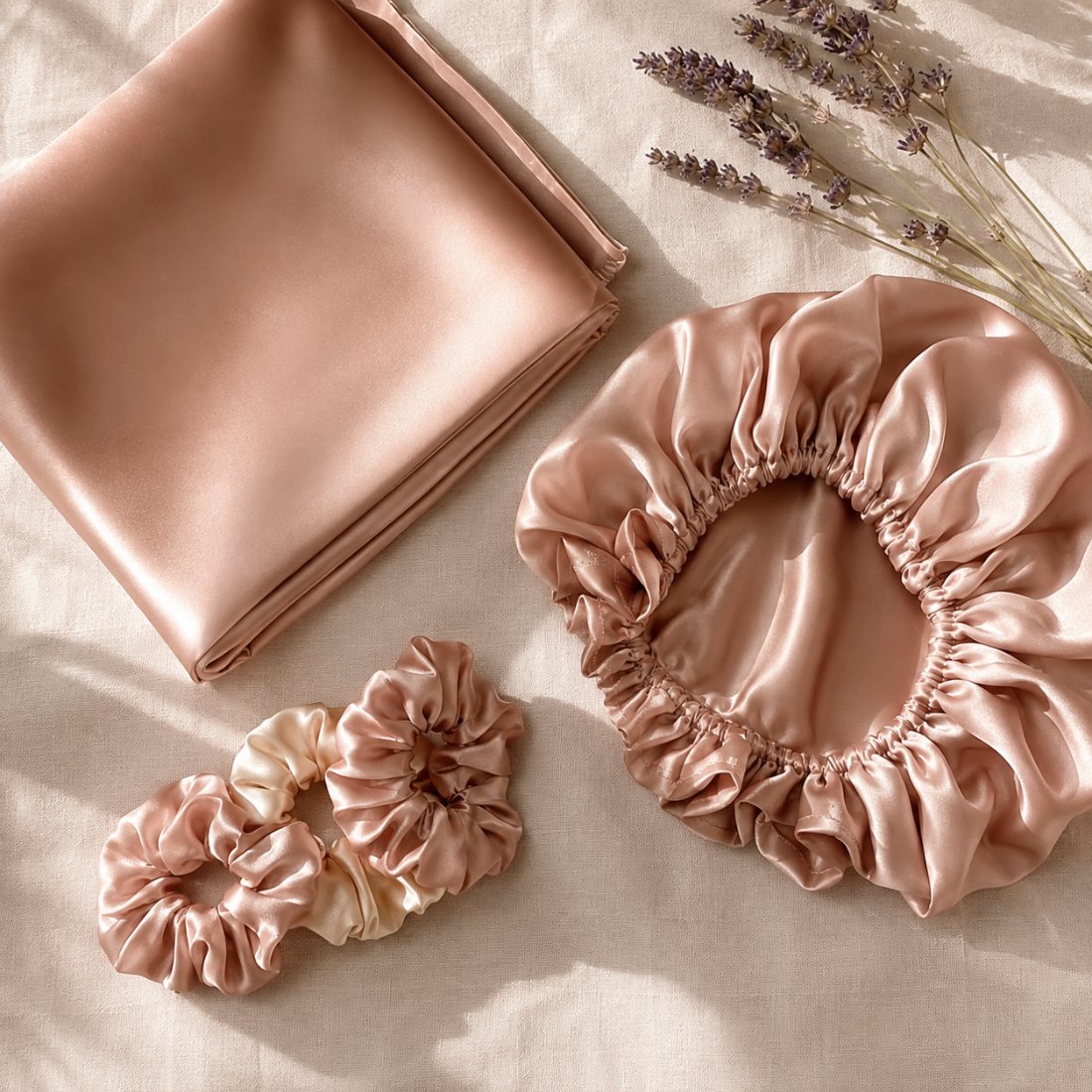 Beauty-Sleep Set — satin pillowcase, sleep bonnet and scrunchies