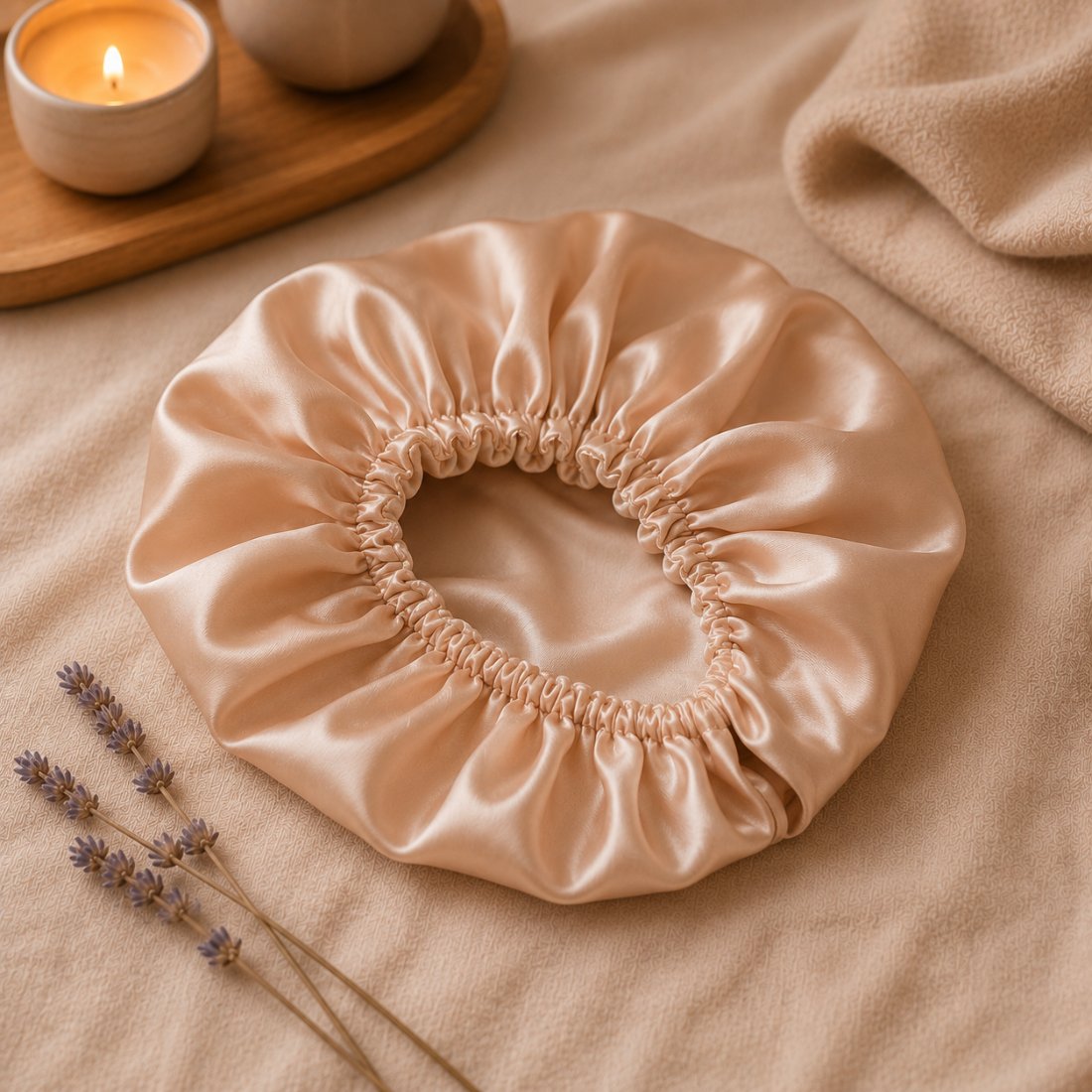 Champagne satin sleep bonnet on linen
