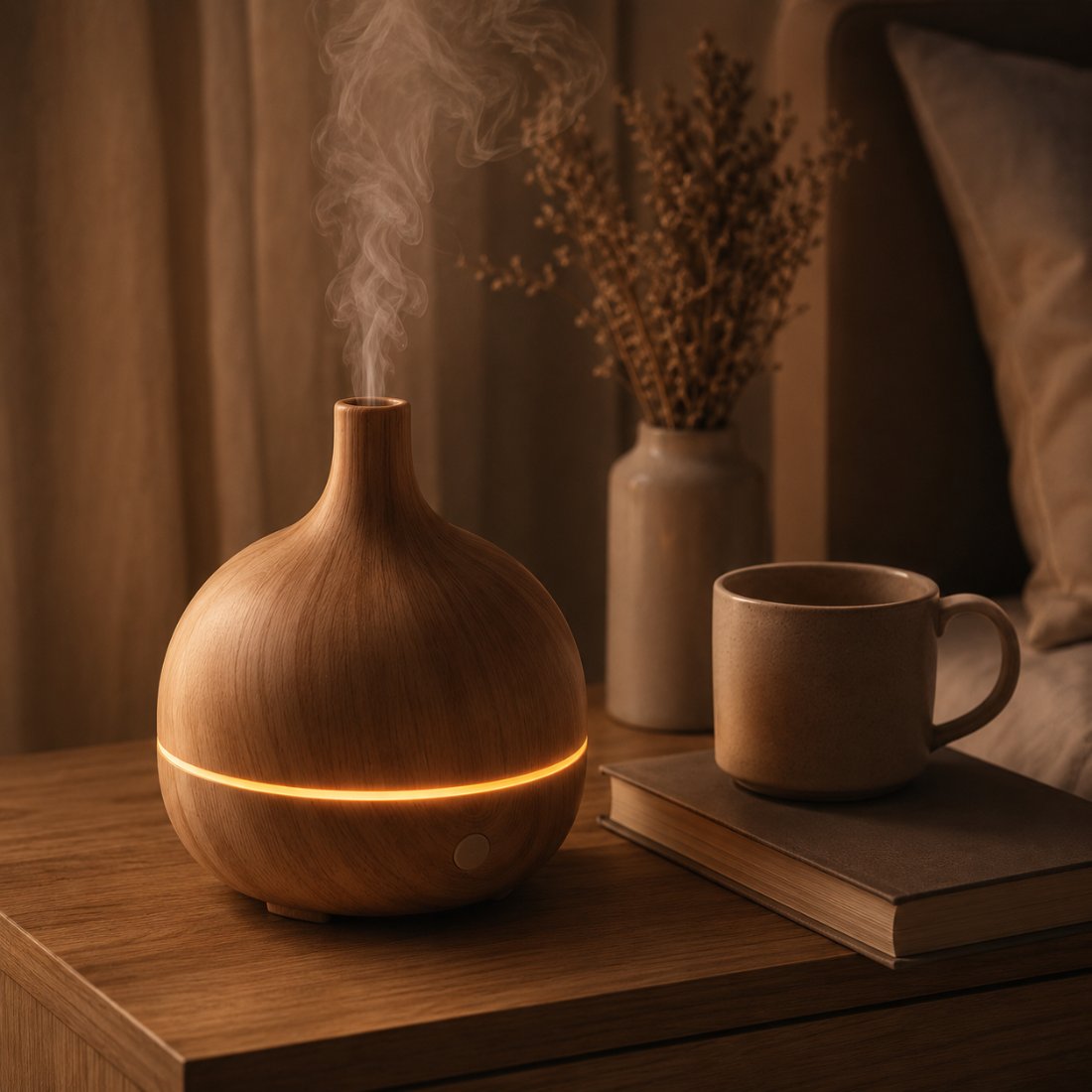 Wood-grain aroma diffuser on a bedside table