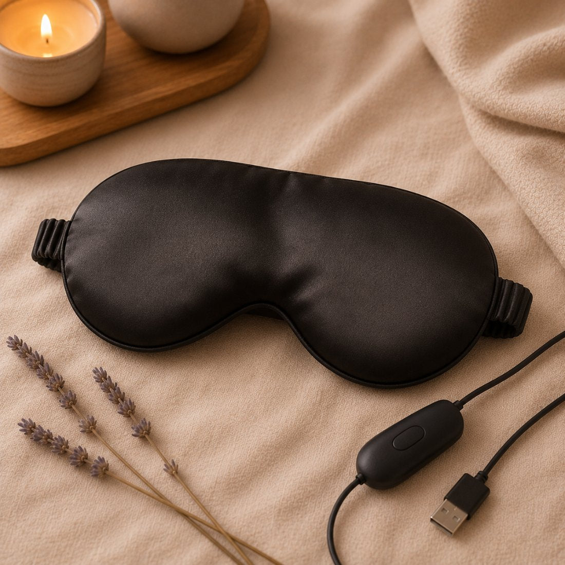 Black satin heated steam eye mask with USB warming cord
