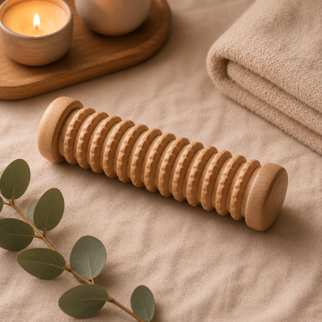 Wooden foot massage roller on linen