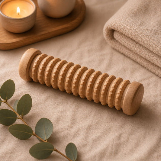 Wooden foot massage roller on linen