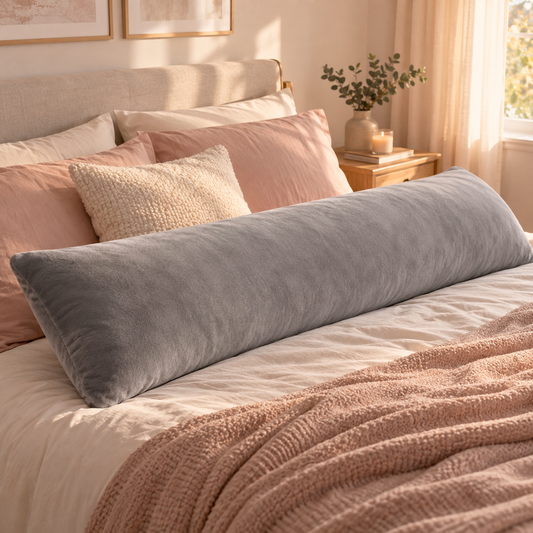 Grey full-body cloud pillow on a cozy bed with blush and cream bedding in warm morning light