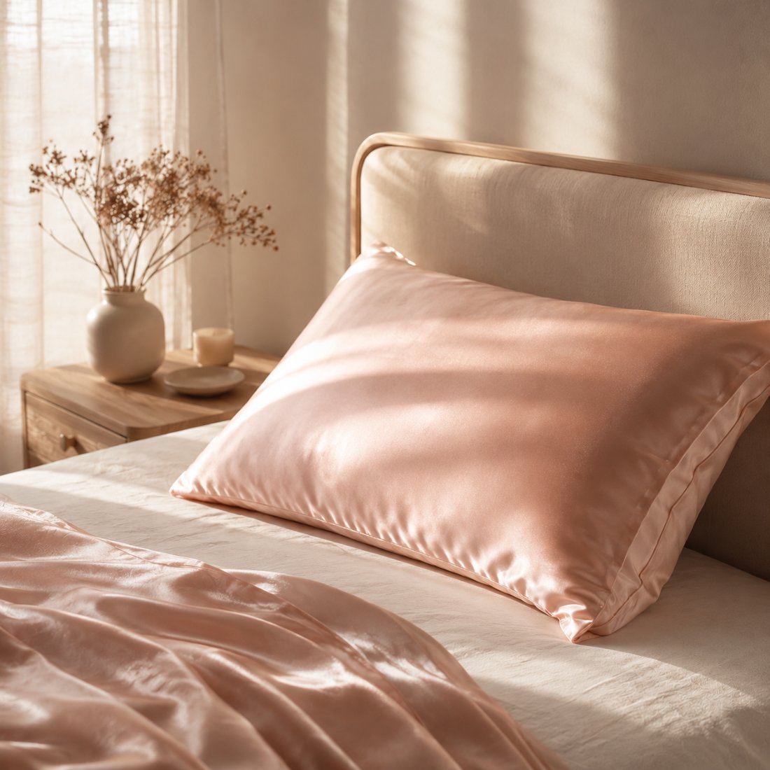 Satin pillowcase styled on a bed in morning light