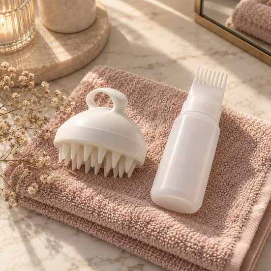 White scalp massage brush and applicator bottle on a blush towel, spa flat-lay