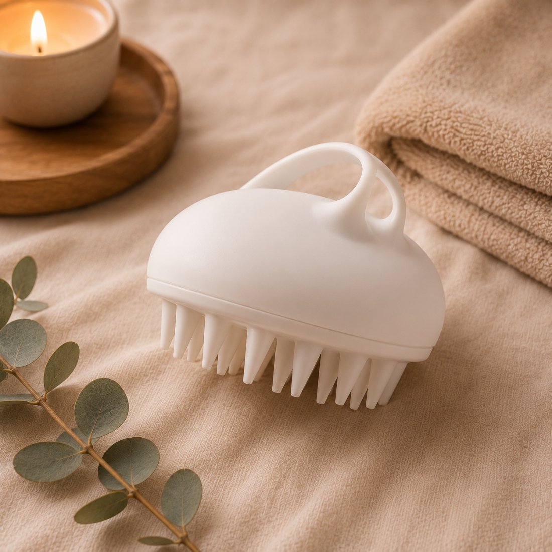 White silicone scalp massager brush on linen
