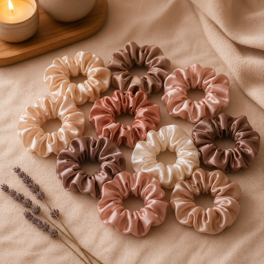 Satin hair scrunchies set in warm tones