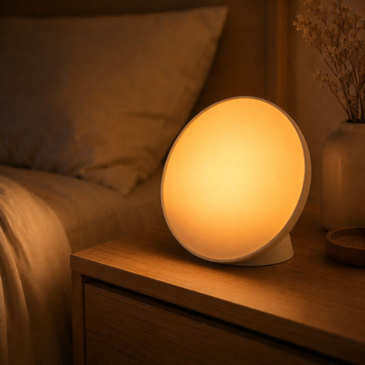 Sunrise wake-up light glowing amber on a nightstand