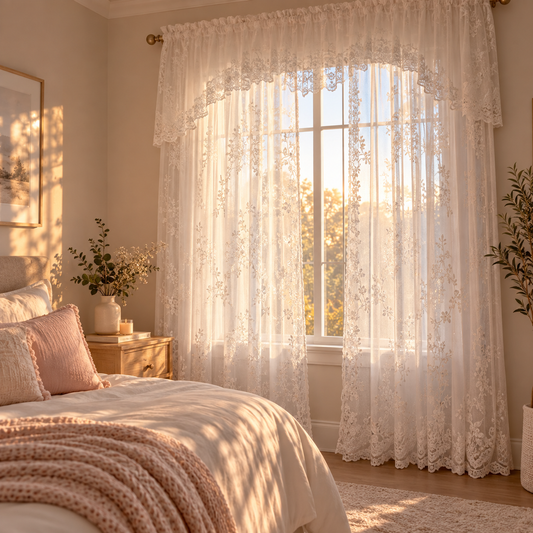 White embroidered lace sheer curtain over a bedroom window in warm light
