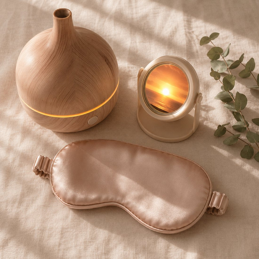 Wind-Down Set — aroma diffuser, sunset lamp and steam eye mask